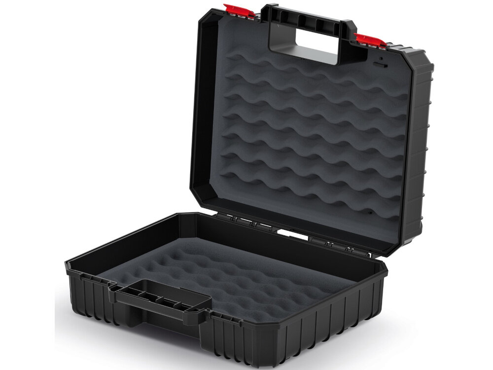 Walizka narzędziowa KISTENBERG Hevy 40 KHV40P otwarta walizka na białym tle widoczna od przodu pod skosem do przechowywania transportu i ochrony podstawowego wyposażenia warsztatowego wygoda bezpieczne przechowywanie narzędzi
