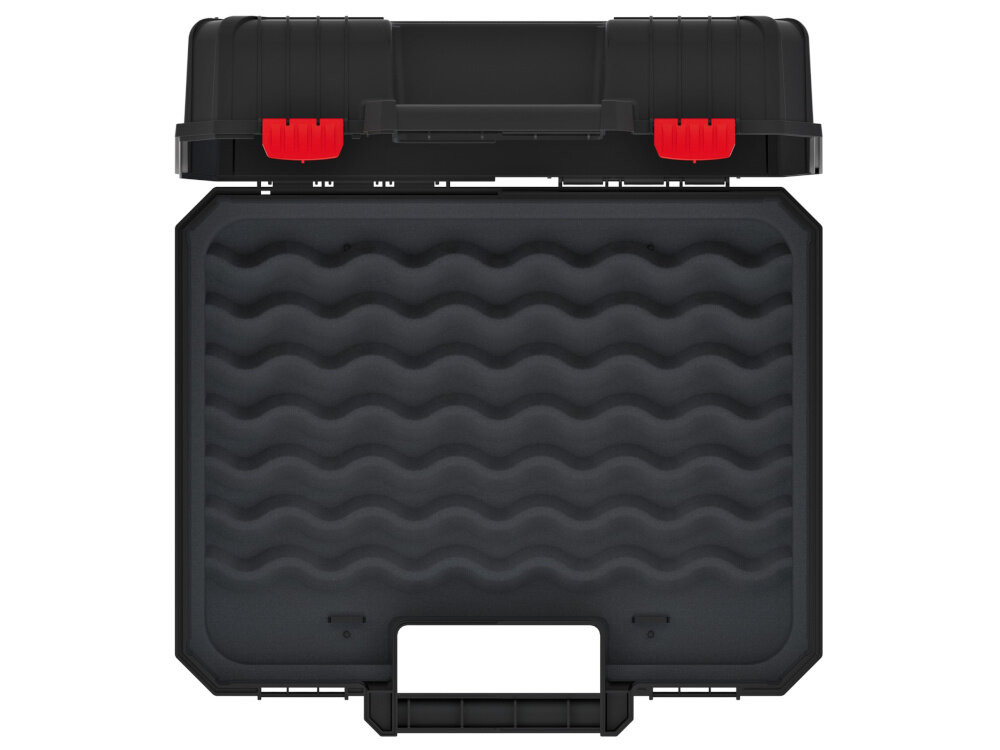 Walizka narzędziowa KISTENBERG Hevy 40 KHV40P walizka na białym tle widoczna z góry widoczne pianki specjalna pianka w pokrywie na spodzie skuteczne unieruchomienie narzędzi ochrona przed wstrząsami zarysowaniami i uszkodzeniem