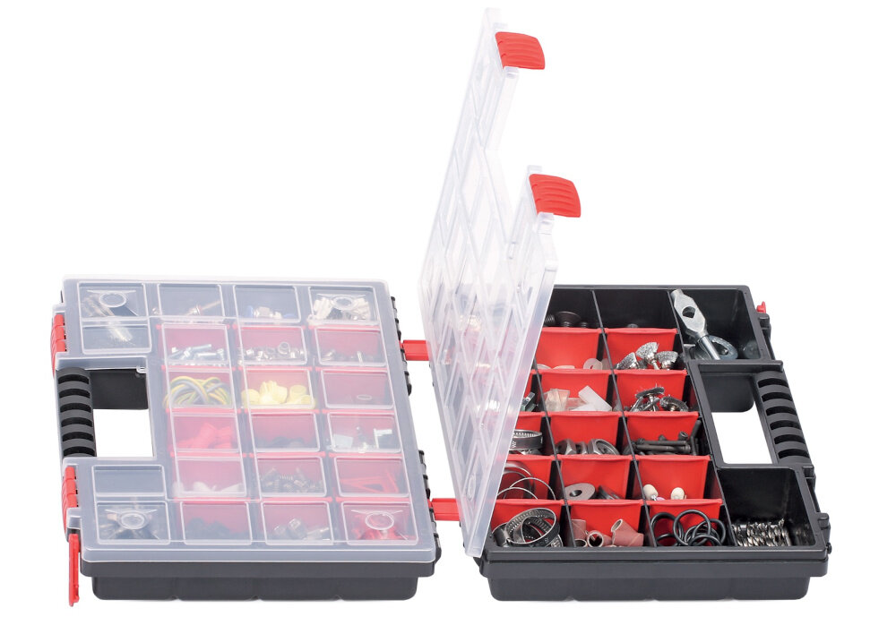 Organizer KISTENBERG Nors Duo 35 KNOS352510S otwarty organizer na białym tle podwójny organizer do przechowywania i transportu drobnych elementów dużo miejsca porządek łatwy dostęp do potrzebnych rzeczy