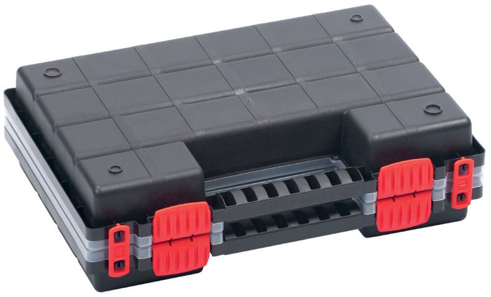 Organizer KISTENBERG Nors Duo 35 KNOS352510S zamknięty organizer na białym tle solidny korpus z mieszanki polimerów przezroczyste pokrywy zabezpieczają przegródki od środka wytrzymałe zapięcia bezpieczny transport