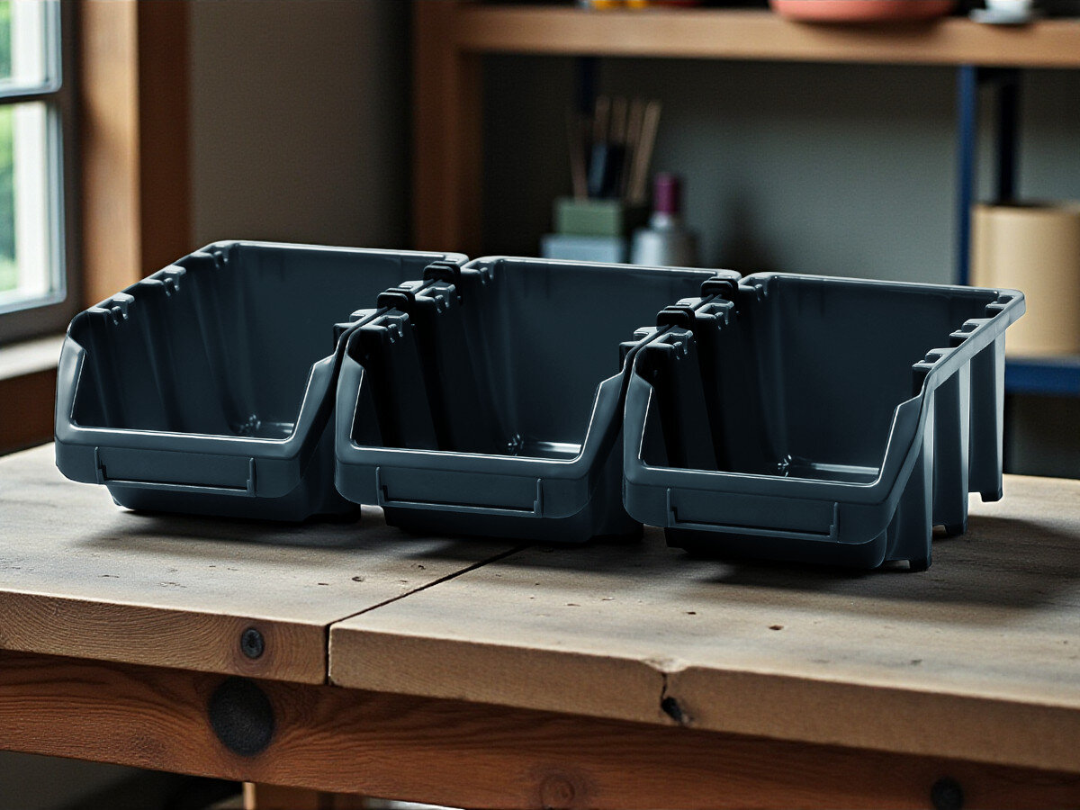 Zestaw pojemników KISTENBERG Bineer Long KBILS20-S411, praca, organizacja, porządek, praca, kuwety stoją szeregiem na stole warsztatowym