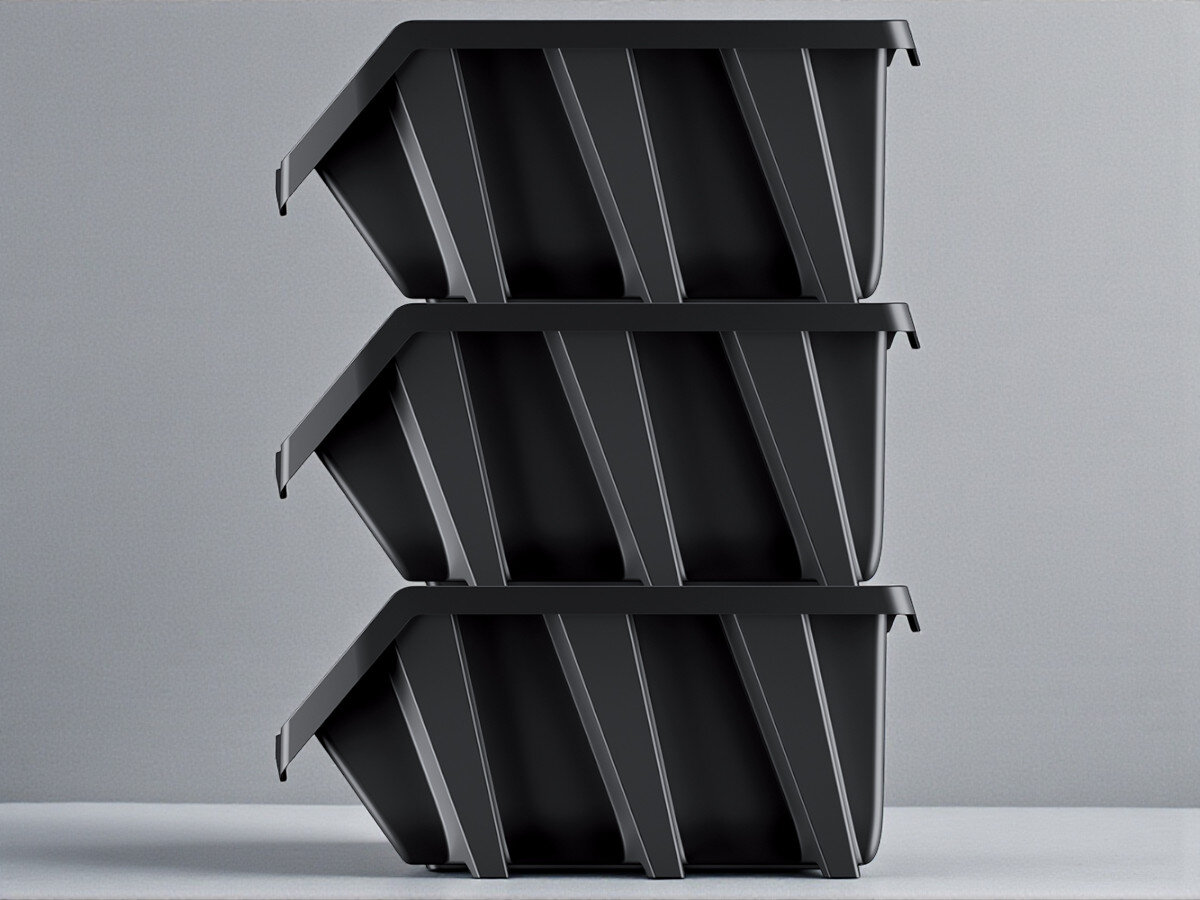 Zestaw pojemników KISTENBERG Bineer Long KBILS20-S411, zestaw, części, narzędzia, śruby, pojemniki spiętrowane pionowo w ilości 3 sztuki od bocznej strony