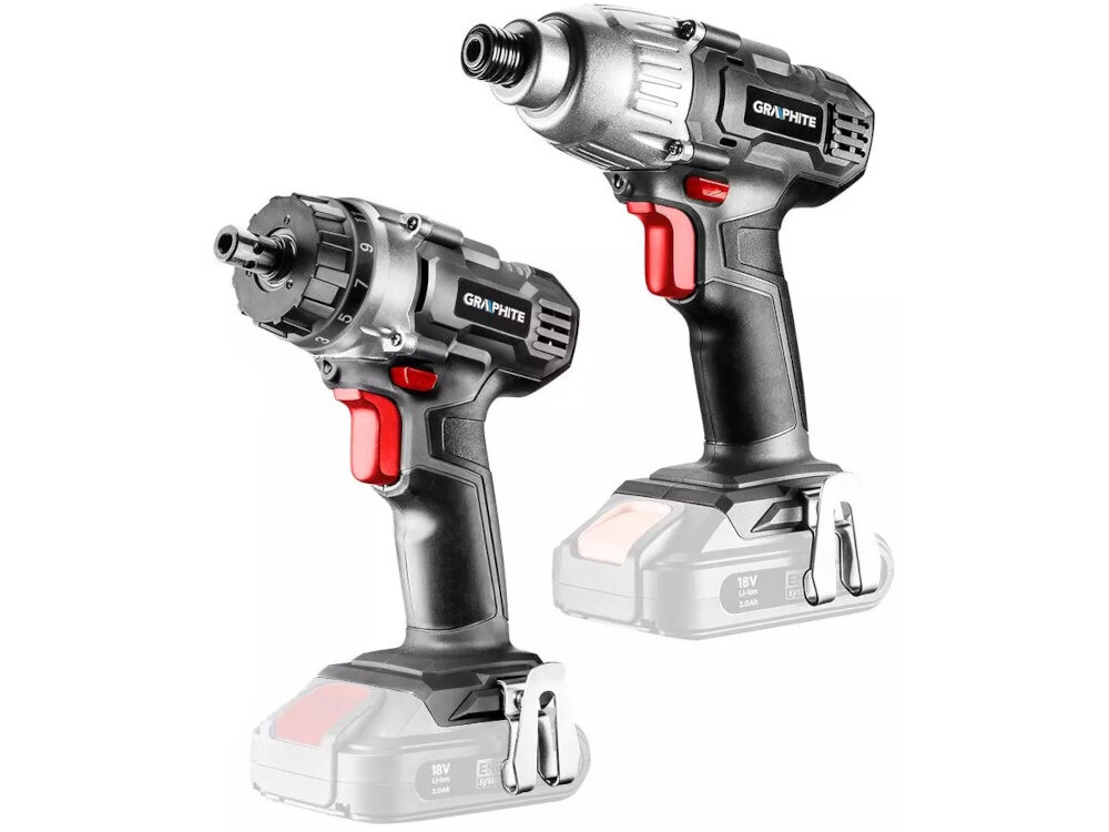 Zestaw elektronarzędzi GRAPHITE 58GS002 wiertarko-wkrętarka i zakrętarka na białym tle w zestawie wiertarko-wkrętarka GRAPHITE 58G022-AD zakrętarka GRAPHITE 58G012 akcesoria ułatwia realizację codziennych zadań oszczędzasz czas wygoda przyspiesza wykonywanie obowiązków