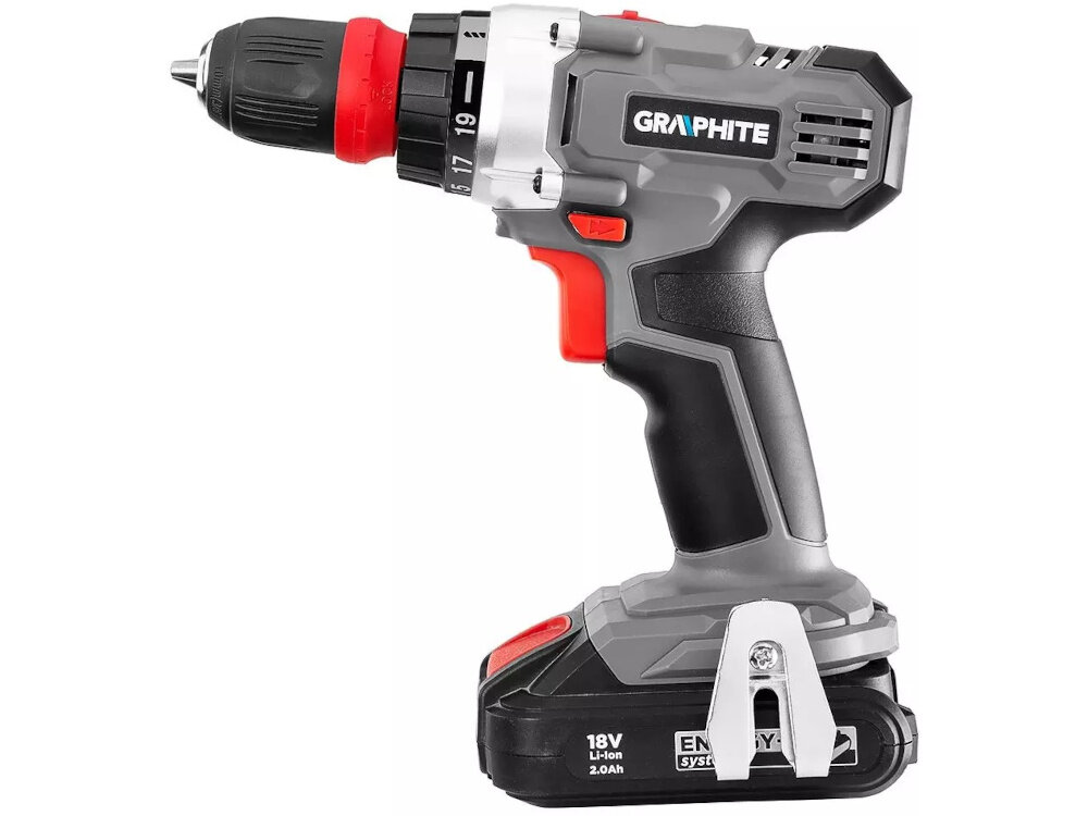 Zestaw elektronarzędzi GRAPHITE 58GS002 wiertarko-wkrętarka na białym tle dwubiegowa wiertarko-wkrętarka GRAPHITE 58G022-AD zakres prędkości od 0 do 350 do 1250 obrotów na minutę