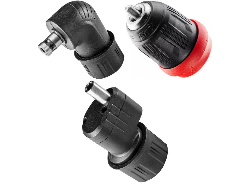 Zestaw elektronarzędzi GRAPHITE 58GS002 adaptery na białym tle szybkowymienny uchwyt adaptery kątowy i krawędziowy łatwiej wykonasz montaż w narożnikach czy przy ścianach zwiększa swobodę działania i eliminuje konieczność ręcznego dokręcania