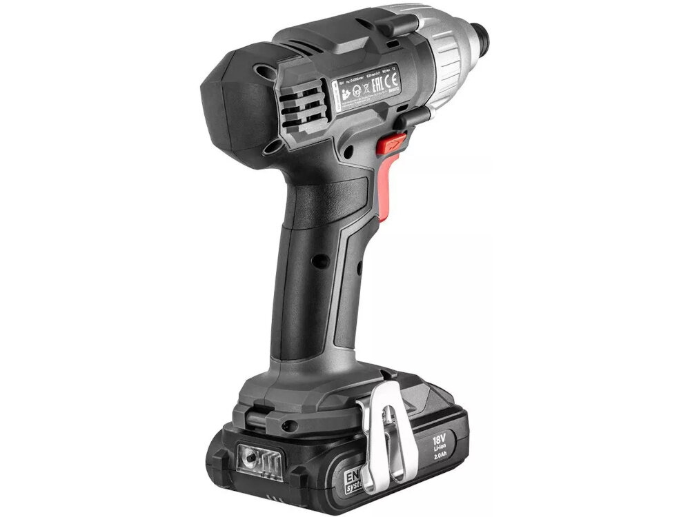 Zestaw elektronarzędzi GRAPHITE 58GS002 zakrętarka na białym tle widoczna od tyłu ergonomiczna rękojeść niewielka masa zakrętarki wynosząca około 1,2 kg narzędzie dobrze leży w dłoni i nie obciąża nadgarstka