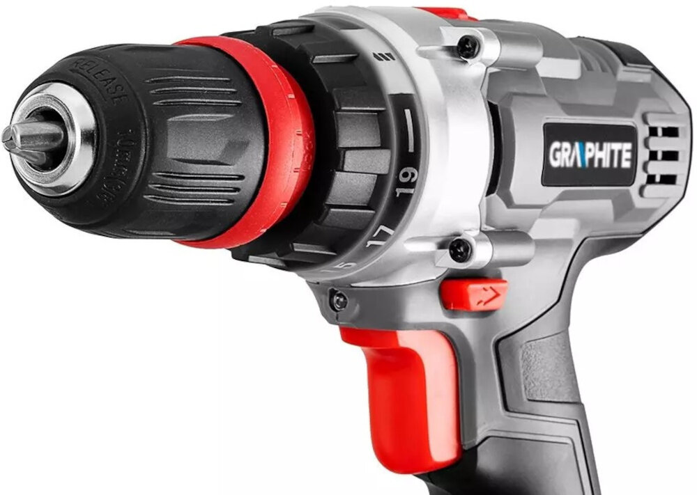 Zestaw elektronarzędzi GRAPHITE 58GS002 zbliżenie na uchwyt wiertarski i diodę białe tło wbudowana dioda LED hamulec wrzeciona większa kontrola nad pracą ograniczasz ryzyko uszkodzenia materiału zwiększasz bezpieczeństwo