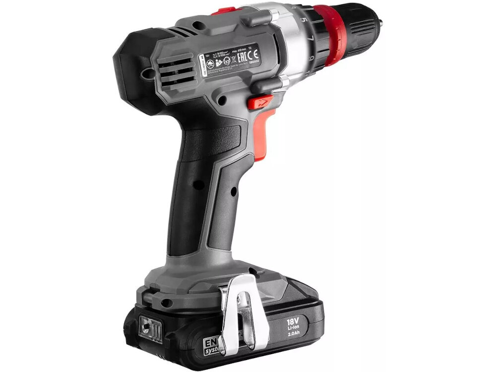 Zestaw elektronarzędzi GRAPHITE 58GS002 wiertarko-wkrętarka na białym tle widoczna od tyłu certyfikat CE jakość wykonania i bezpieczeństwo użytkowania na budowie prac wykończeniowych domowych projektów