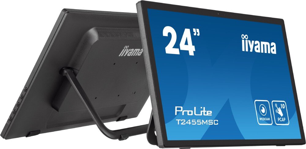 Monitor IIYAMA ProLite T2455MSC-B1 23.8 1920x1080px IPS przód oraz tył monitora ustawione pod kątem opis