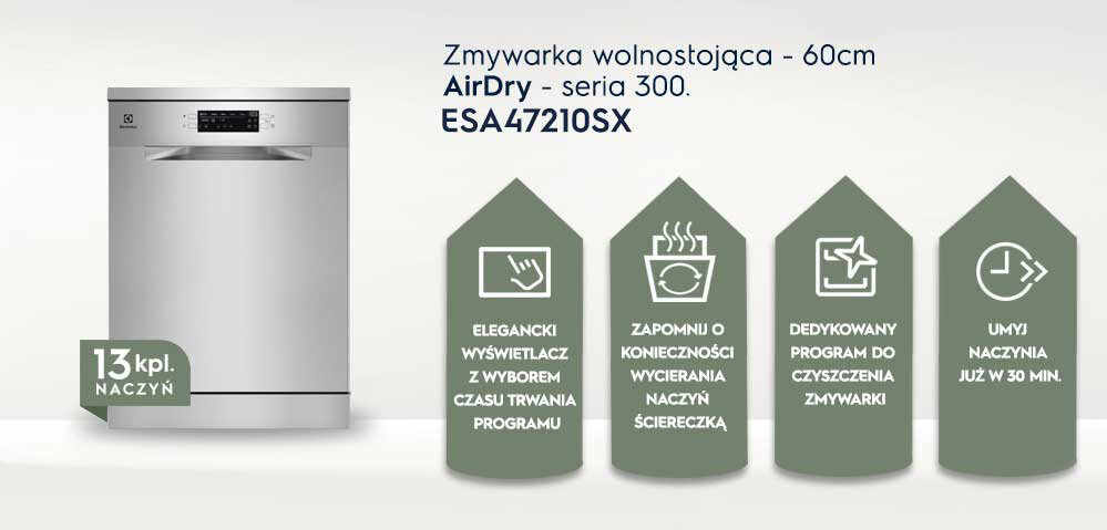 Obraz przedstawia zmywarkę wolnostojącą ELECTROLUX ESA47210SX AirDry 300 o szerokości 60 cm, z napisem \'13 kpl. naczyń\'. Obok zmywarki znajdują się cztery ikony z opisami: \'Elegancki wyświetlacz z wyborem czasu trwania programu\', \'Zapomnij o konieczności wycierania naczyń ściereczką\', \'Dedykowany program do czyszczenia zmywarki\', \'Umyj naczynia już w 30 min.\'.