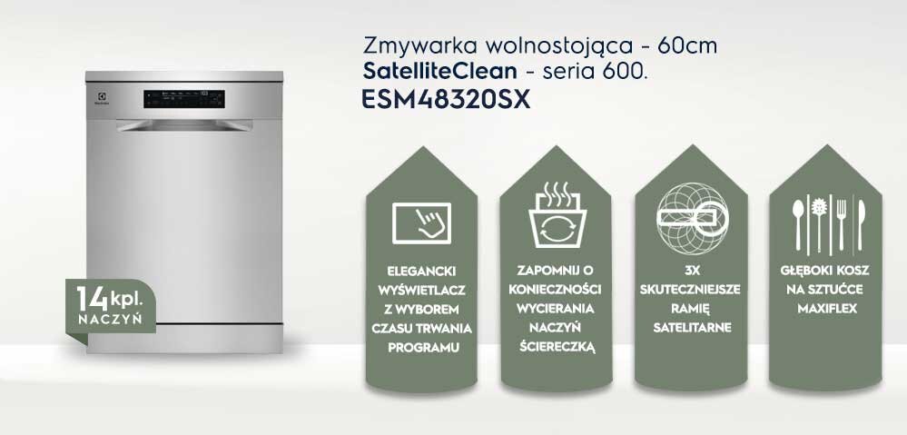 Obraz przedstawia zmywarkę wolnostojącą ELECTROLUX ESM48320SX SatelliteClean 600 o szerokości 60 cm, z eleganckim wyświetlaczem i możliwością wyboru czasu trwania programu. Obok zmywarki znajdują się ikony z opisami funkcji: 14 kpl. naczyń, elegancki wyświetlacz, brak konieczności wycierania naczyń, 3x skuteczniejsze ramię satelitarne, głęboki kosz na sztućce MaxiFlex.