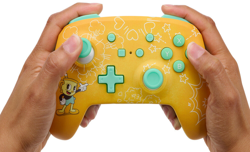 Kontroler POWERA Enhanced Cuphead: Ms. Chalice konsola pc komputer smartfon android sterowanie kompatybilność przyciski gałki analogi łączność bateria zasilanie spusty panel obudowa waga zasięg