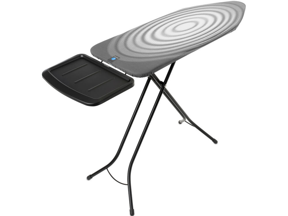 Deska do prasowania BRABANTIA 138980 Titan Oval C 124 x 45 cm deska stoi bokiem szary pokrowiec czarne nóżki czarna podstawa białe tło certyfikat Cradle-to-Cradle® w poziomie brązowym minimalizowany wpływ na środowisko z materiałów nadających się do recyklingu trwałość łatwość w użytkowaniu ekologiczne rozwiązanie  