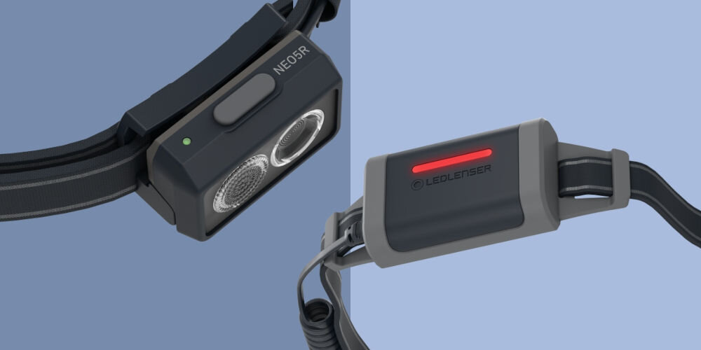 Latarka czołowa LEDLENSER NEO5R Czarny niebieskie tło latarka czołowa czarna obudowa dioda świeci na czerwono niebieskie elementy kilka technologii Fusion Beam różne soczewki na bliskim i dalekim zasięgu Temperature Control System automatyczna kontrola temperatury Blokada transportowa wskaźnik naładowania akumulatora Magnetic Charge System szybkie wygodne ładowanie akumulatora