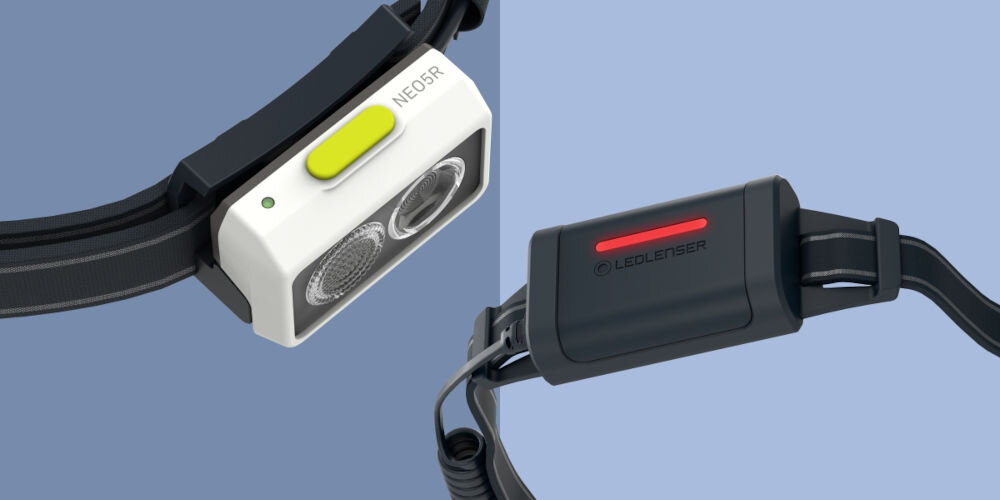 Latarka czołowa LEDLENSER NEO5R Biały niebieskie tło latarka czołowa biała obudowa dioda świeci na czerwono niebieskie elementy kilka technologii Fusion Beam różne soczewki na bliskim i dalekim zasięgu Temperature Control System automatyczna kontrola temperatury Blokada transportowa wskaźnik naładowania akumulatora Magnetic Charge System szybkie wygodne ładowanie akumulatora
