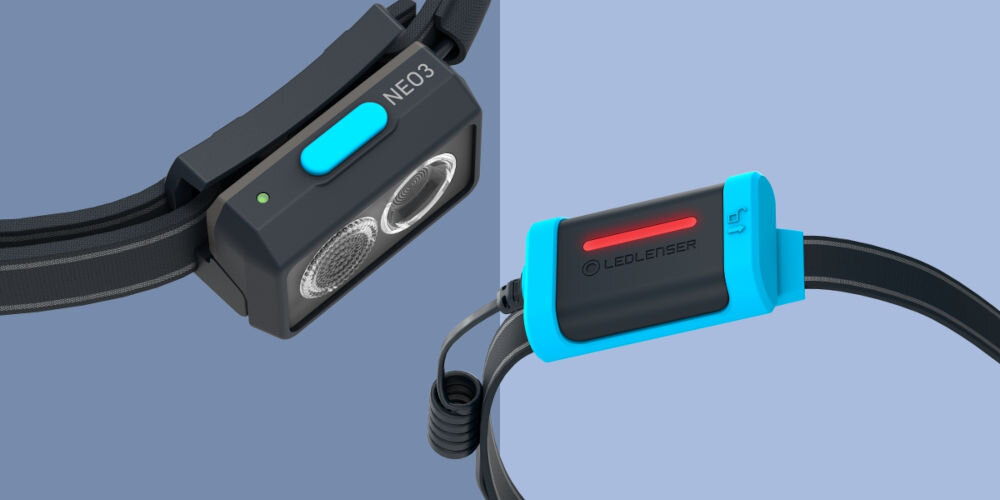 Latarka czołowa LEDLENSER NEO3 Niebieska niebieskie tło latarka czołowa dioda świeci na czerwono niebieski element kilka technologii Fusion Beam różne soczewki na bliskim i dalekim zasięgu Temperature Control System automatyczna kontrola temperatury Blokada transportowa wskaźnik naładowania akumulatora