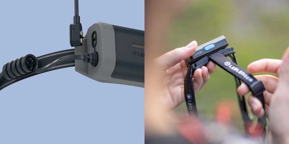 Latarka czołowa LEDLENSER NEO9R Czarny niebieskie tło przedstawione magnetyczne ładowanie osoba trzyma latarkę w ręku dla wymagających użytkowników Magnetic Charge System szybkie ładowanie (około 330 minut) magnetyczne styki Fusion Beam na różnych dystansach Temperature Control System Blokada transportowa wskaźnik naładowania