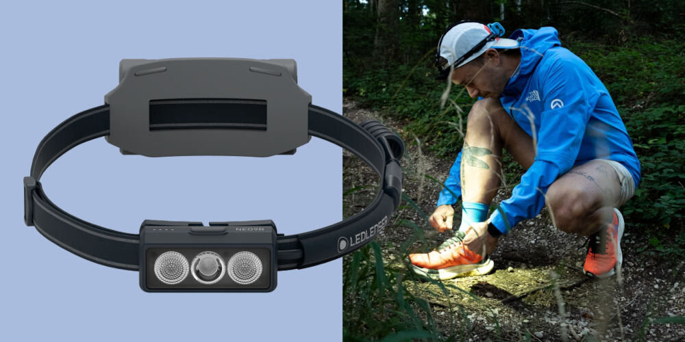 Latarka czołowa LEDLENSER NEO9R Czarny latarka czarny pasek mężczyzna wiąże buta z latarką na czole cztery tryby pracy Tryb Boost 1200 lumenów 200 metrów Power 600 lumenów 120 metrów około 5 godzin Mid Power 200 lumenów 60 metrów około 12 godzin Low Power 20 lumenów 5 metrów około 120 godzin moc funkcjonalność wytrzymałość