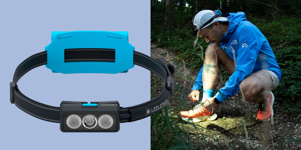 Latarka czołowa LEDLENSER NEO9R Niebieski latarka czarny pasek niebieskie elementy mężczyzna wiąże buta z latarką na czole cztery tryby pracy Tryb Boost 1200 lumenów 200 metrów Power 600 lumenów 120 metrów około 5 godzin Mid Power 200 lumenów 60 metrów około 12 godzin Low Power 20 lumenów 5 metrów około 120 godzin moc funkcjonalność wytrzymałość