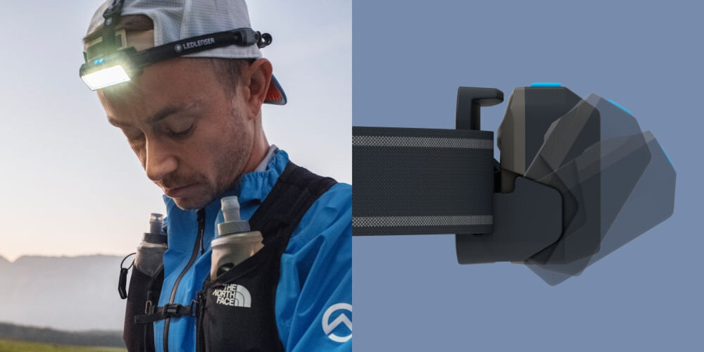 Latarka czołowa LEDLENSER NEO9R Niebieski mężczyzna z latarką na czole przedstawiona regulacja latarki ergonomiczna konstrukcja maksymalny komfort odpinany pasek na głowę opcjonalny pas piersiowy stabilność wygoda regulowany kąt nachylenia głowicy dostosowanie strumienia światła