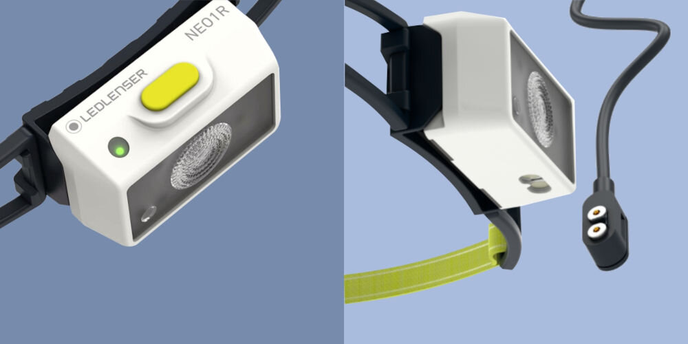 Latarka czołowa LEDLENSER NEO1R Biało-zielony niebieskie tło latarka biała obudowa przycisk przedstawione ładowanie Magnetic Charge System szybkie i wygodne ładowanie (około 3 godzin) magnetyczne styki Temperature Control System bezpieczne użytkowanie Wskaźnik naładowania bieżący poziom energii blokada transportowa