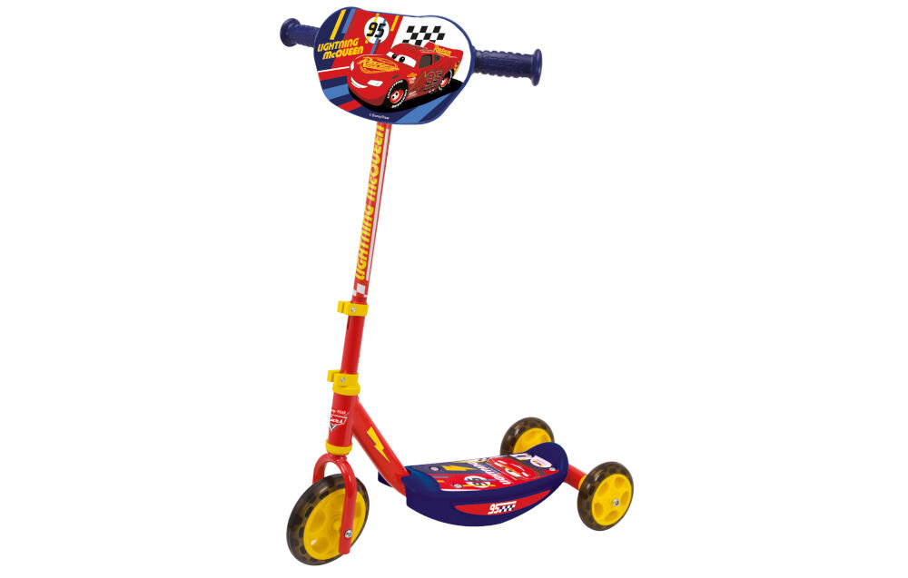Hulajnoga dla dzieci SMOBY Auta 3 750114 z myślą o bezpieczeństwie stabilna konstrukcja przednie szerokie koło dwa tylne koła