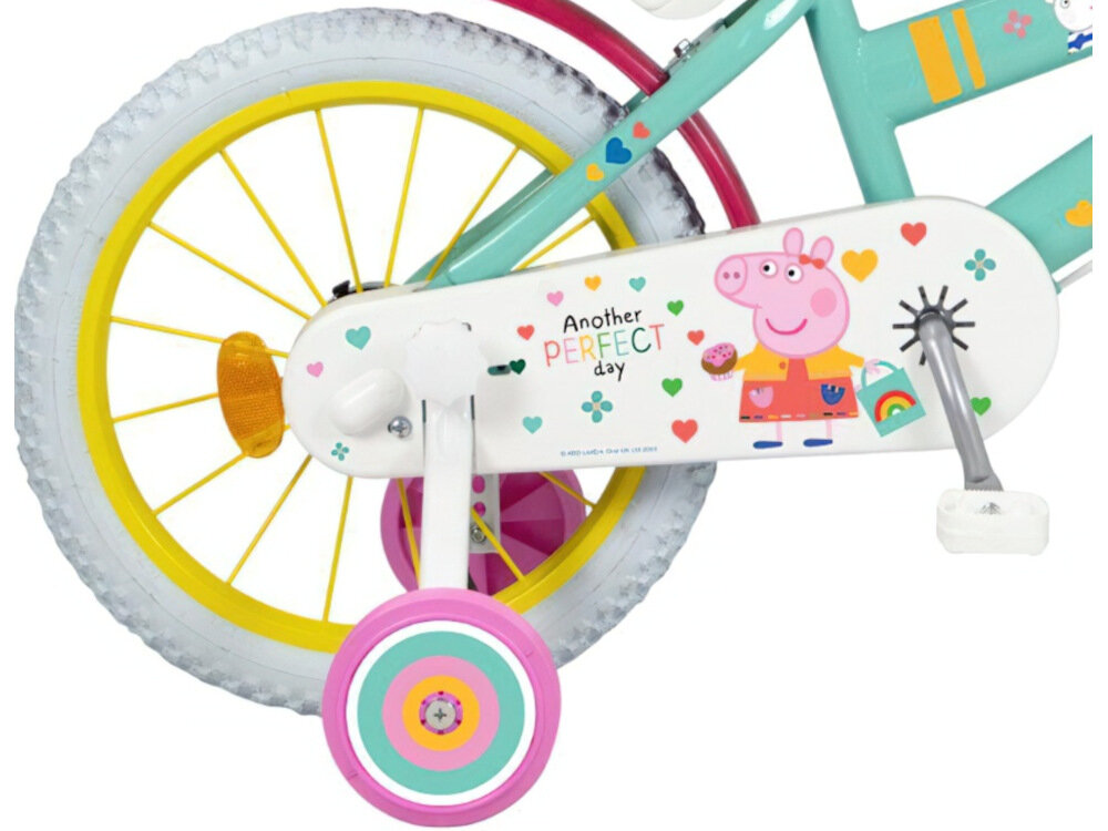 Rower dziecięcy TOIMSA Świnka Peppa 16 cali dla dziewczynki 16-calowe kola lancuch stylowa oslona z wizerunkiem Swinki Peppy regularne sprawdzanie cisnienia powietrza zalecana wartosc na bocznej czesci opony