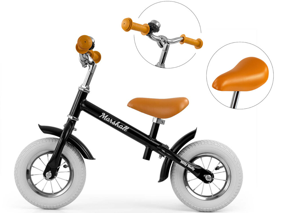 Rowerek biegowy MILLY MALLY Marshall Air Czarny pomaga ćwiczyć motorykę siłę mięśnie nóg utrzymywanie równowagi koordynację wzrokowo-ruchową dla dzieci w wieku od 2 do 5 roku życia