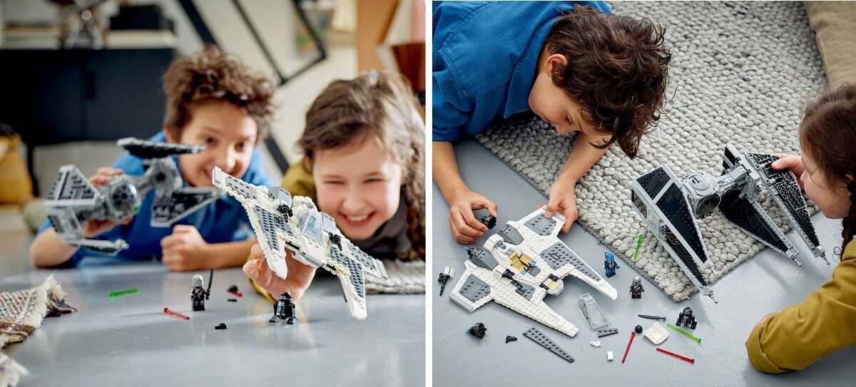 LEGO Star Wars Mandaloriański myśliwiec Fang Fighter kontra TIE Interceptor 75348 dziecko kreatywność zabawa nauka rozwój klocki figurki minifigurki jakość tradycja konstrukcja nauka wyobraźnia role jakość bezpieczeństwo wyobraźnia budowanie pasja hobby funkcje instrukcja aplikacja LEGO Builder