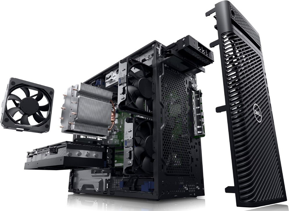 Komputer DELL Precision 3660 Rozłożony komputer typu tower z widocznymi elementami wnętrza: wentylatory, radiator chłodzenia procesora, wnęki na dyski, płyta główna i zdejmowana przednia kratka obudowy, przeznaczenie, cechy