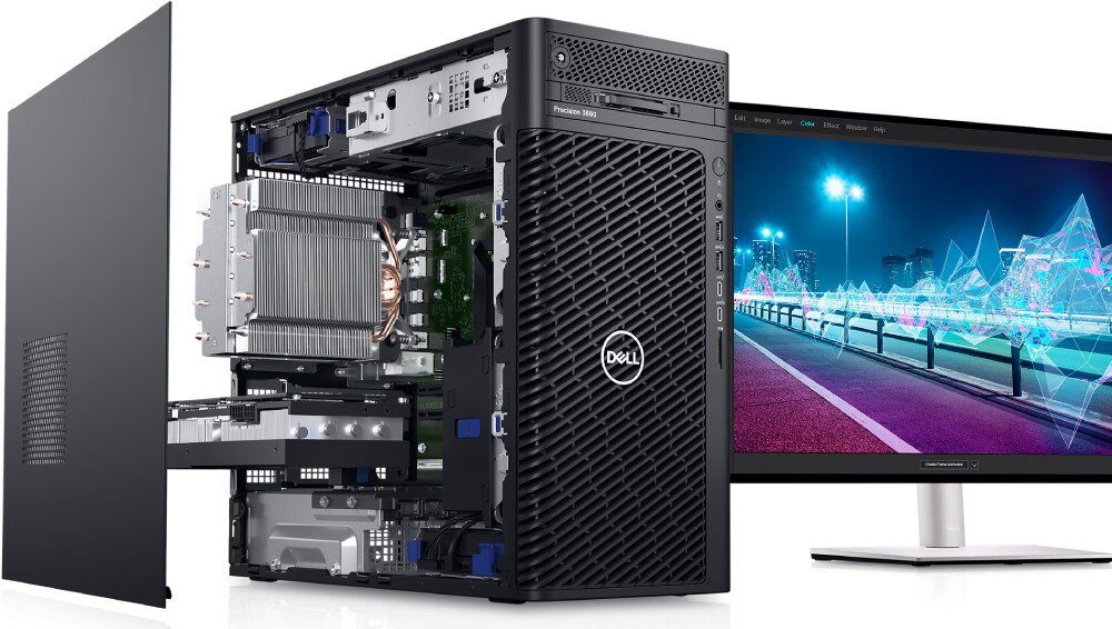 Komputer DELL Precision 3660 Komputer typu tower marki Dell z otwartym bokiem, obok monitor z wyświetlonym wykresem świetlnym na tle miejskiej drogi nocą; widoczne wnętrze komputera z chłodzeniem i kartą rozszerzeń, podzespoły, procesor, rdzenie, karta graficzna