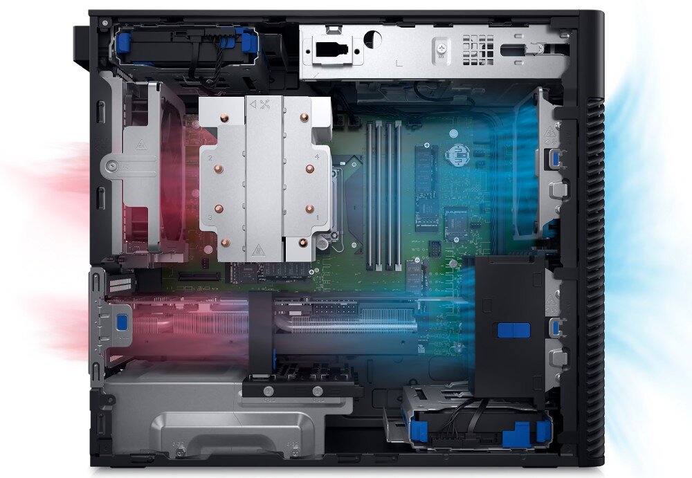 Komputer DELL Precision 3660 Wnętrze komputera pokazane z góry; widoczny przepływ powietrza przez system chłodzenia z zaznaczeniem kierunku przepływu zimnego i ciepłego powietrza, pamięć RAM, taktowanie