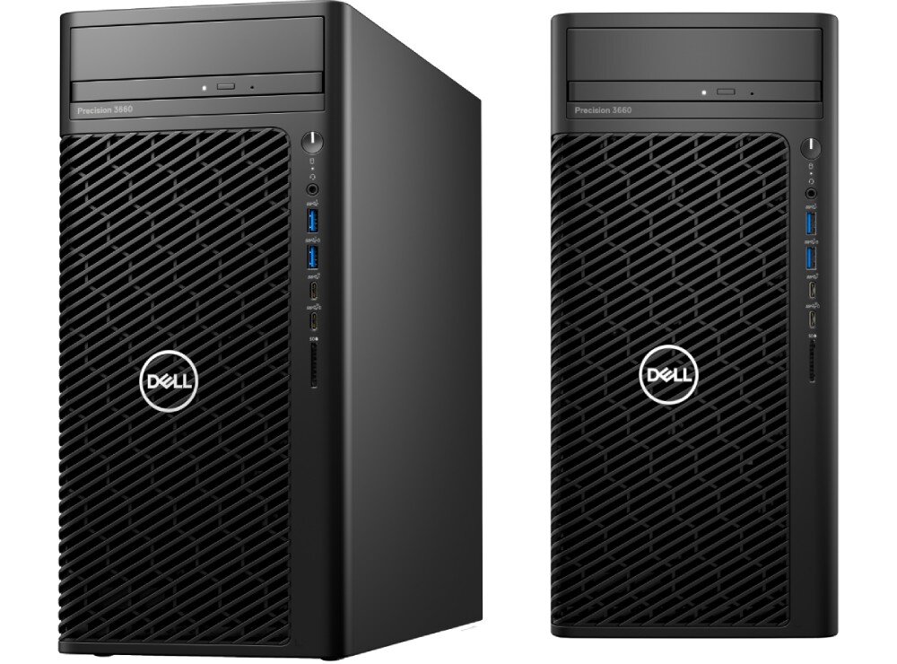 Komputer DELL Precision 3660 Dwa komputery typu tower marki Dell ustawione obok siebie; jeden widoczny z lekkiego kąta, drugi na wprost, pokazujące przedni panel z portami i napędem optycznym, dysk, pojemność, rozbudowa
