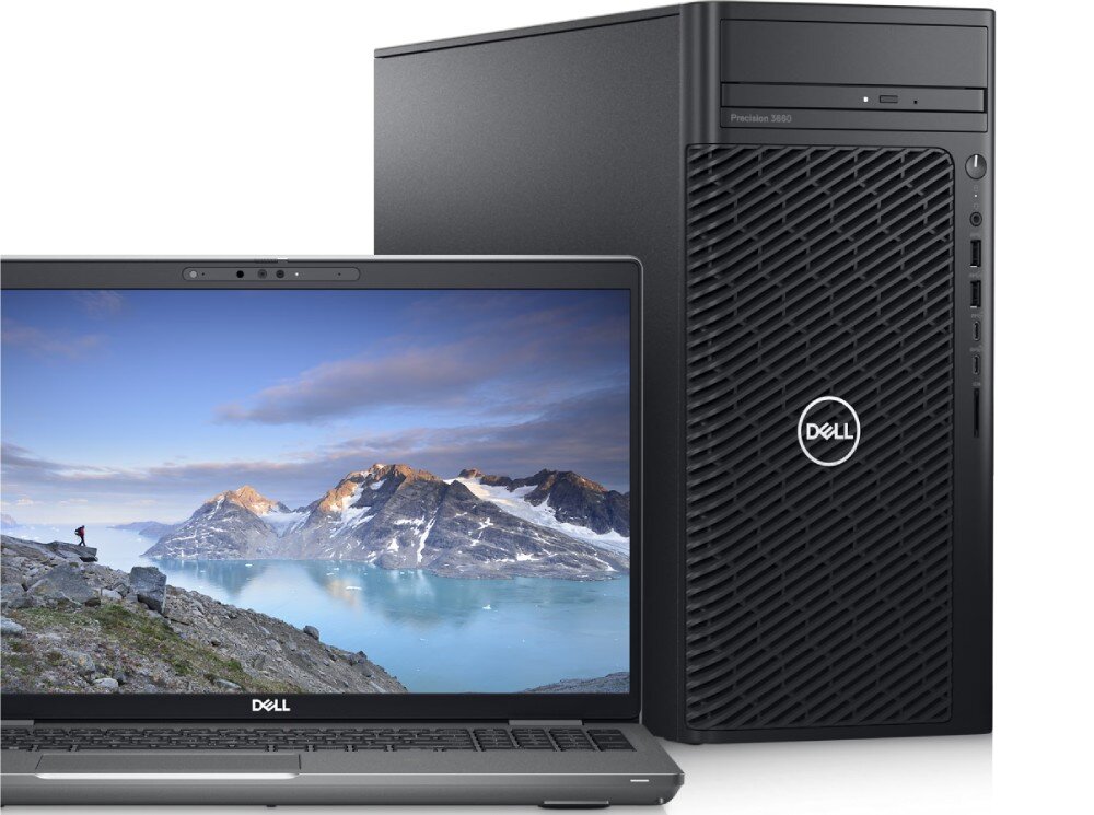 Komputer DELL Precision 3660 Komputer typu tower ustawiony obok laptopa marki Dell; na ekranie laptopa widoczny krajobraz górski z jeziorem i osobą stojącą na skale, ekologia, recykling, certyfikat