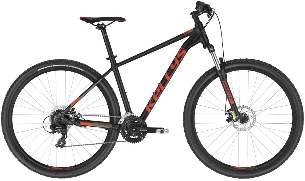 Rower górski MTB KELLYS Spider M20 29 cali męski Czarny do jazdy rekreacyjnej dla mężczyzn pojazd zwrotny łatwo wchodzący w najtrudniejsze zakręty uniwersalne zastosowanie do miasta za miasto w lesie w trudnym górskim terenie w niezbyt grząskim błocie nie za głębokim piachu w wersji czarnej