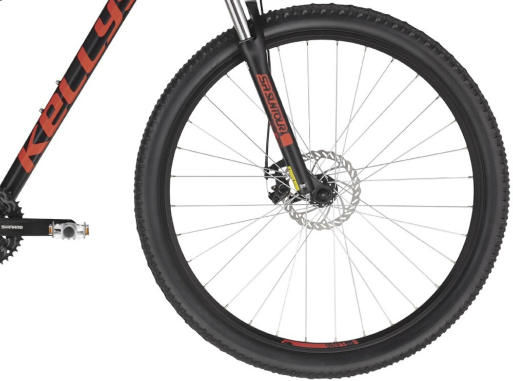 Rower górski MTB KELLYS Spider M20 29 cali męski Czarny koła duże 29-calowe łatwiej pokonać przeszkody opony Impac marki KLS Draft Disc świetna redukcja drgań dobra przyczepność regularne sprawdzanie ciśnienia powietrza wartość na bocznej części opony