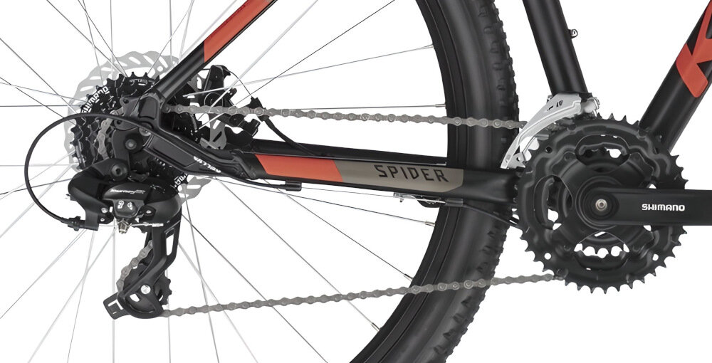 Rower górski MTB KELLYS Spider M20 29 cali męski Czarny 21 przełożeń przerzuytki przednia tylna SHIMANO lekkie niezawodne rozwiązanie precyzyjna równomierna płynna łatwa zmiana przełożeń