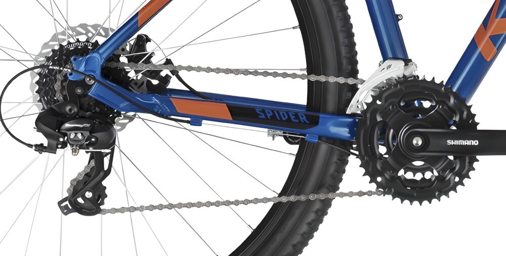 Rower górski MTB KELLYS Spider M18 29 cali męski Niebieski 24 przełożeń przerzuytki przednia tylna SHIMANO lekkie niezawodne rozwiązanie precyzyjna równomierna płynna łatwa zmiana przełożeń