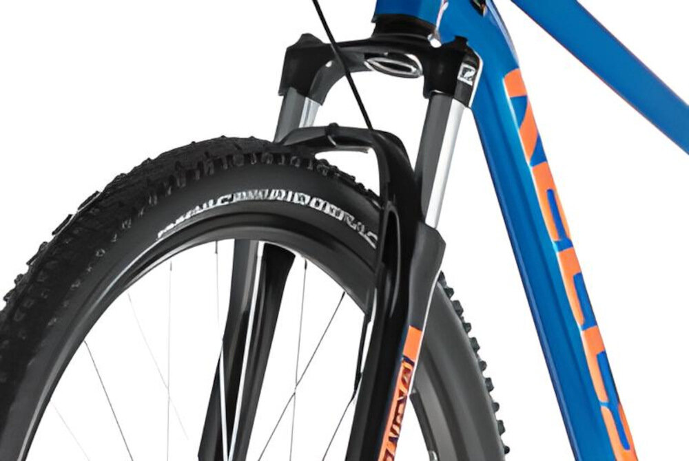 Rower górski MTB KELLYS Spider M18 29 cali męski Niebieski rower typu hardtail regulowany sprężynowy przedni amortyzator marki SR Suntour ułatwia najeżdżanie na przeszkody niweluje wstrząsy na kierownicy niska masa roweru duża sztywność