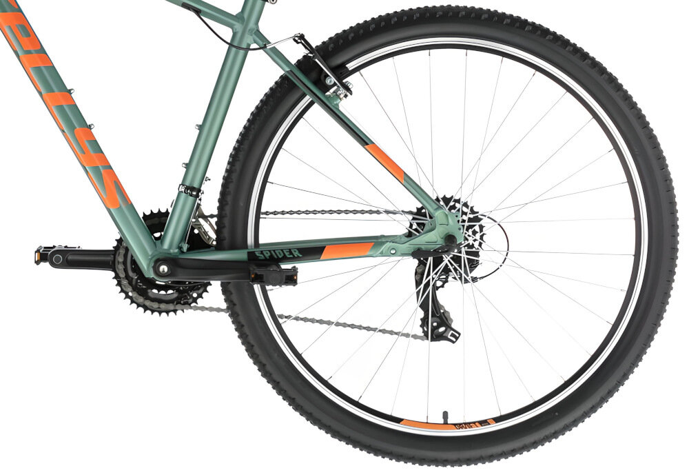 Rower górski MTB KELLYS Spider 10 M18 29 cali męski Zielony koła duże 29-calowe łatwiej pokonać przeszkody opony Impac marki KLS Draft świetna redukcja drgań dobra przyczepność regularne sprawdzanie ciśnienia powietrza wartość na bocznej części opony