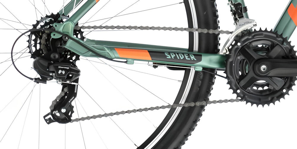 Rower górski MTB KELLYS Spider 10 M18 29 cali męski Zielony 21 przełożeń przerzuytki przednia tylna SHIMANO lekkie niezawodne rozwiązanie precyzyjna równomierna płynna łatwa zmiana przełożeń