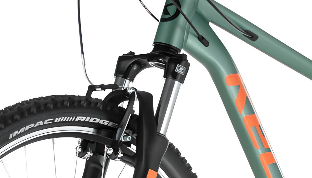 Rower górski MTB KELLYS Spider 10 M18 29 cali męski Zielony rower typu hardtail przedni amortyzator marki SR Suntour ułatwia najeżdżanie na przeszkody niweluje wstrząsy na kierownicy niska masa roweru duża sztywność