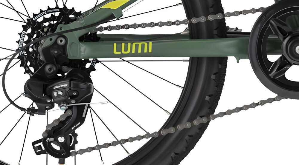 Rower młodzieżowy KELLYS Lumi 50 20 cali dla chłopca Zielony 7 przełożeń tylna przerzutka SHIMANO Tourney lekkie niezawodne rozwiązanie manetki SHIMANO Revoshift gwarancja niezawodności dobrania właściwego przełożenia