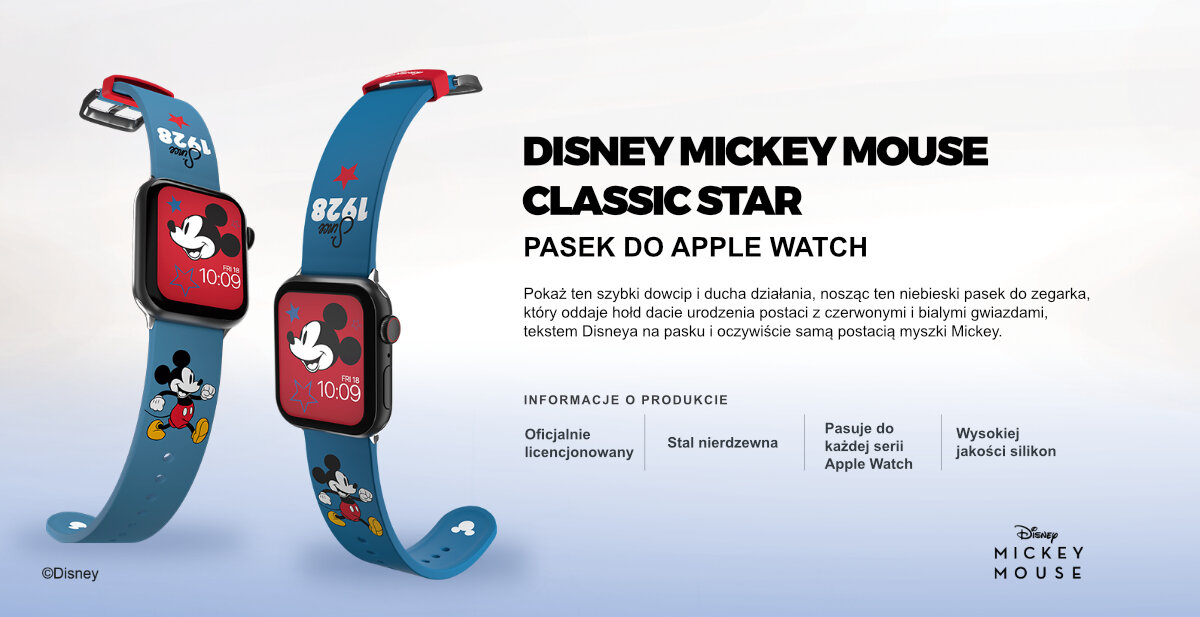 Pasek Moby Fox Disney Mickey Mouse do Apple Watch silikon odporność giazdo 22 mm
