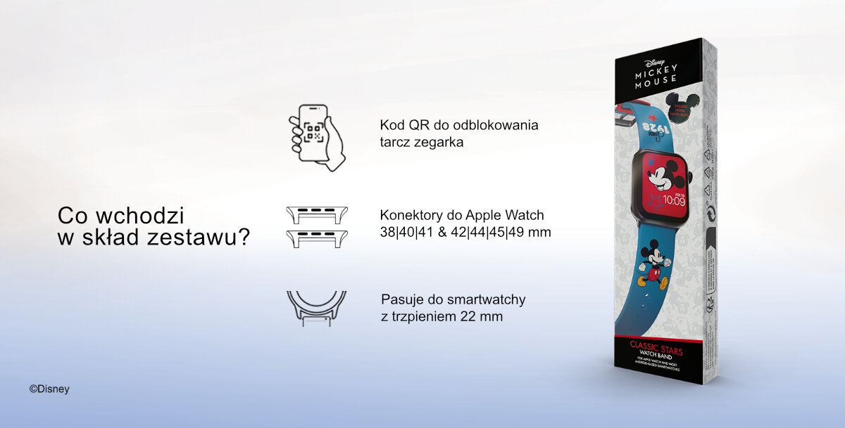 Pasek Moby Fox Disney Mickey Mouse do Apple Watch dedykowana tarcza kompatybilność