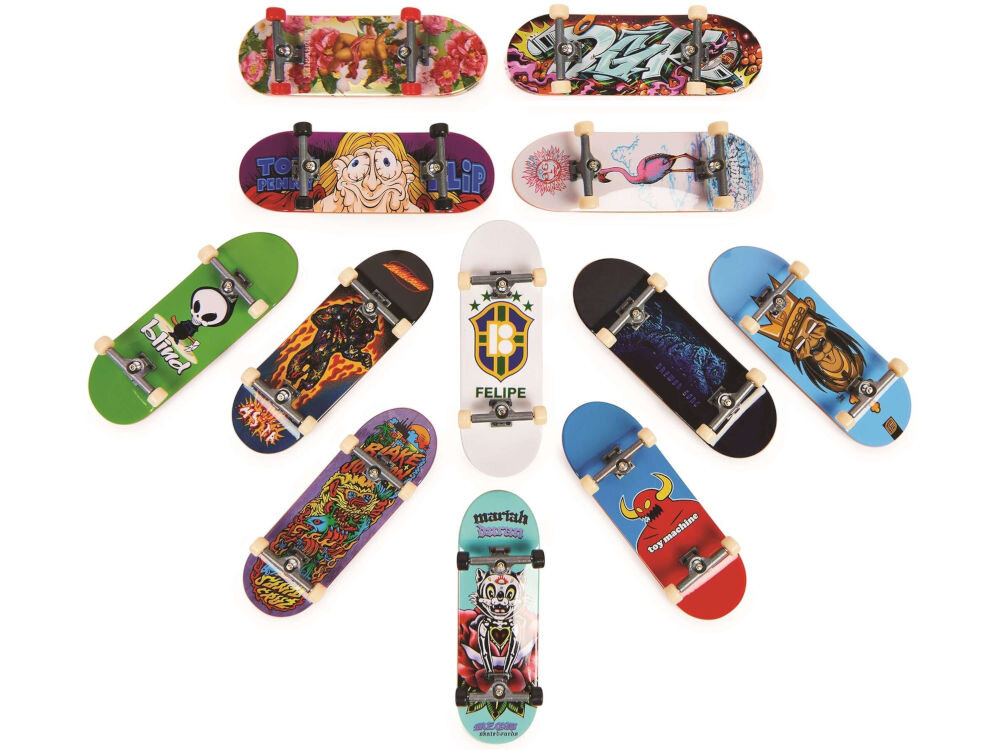 Fingerboard SPIN MASTER Tech Deck MIX 6028846 trening koordynacji palców złożona deskorolka Tech Deck około 10 x 2 x 3,2 cm z ilustracją naklejki świetlne uzupełnienie lub rozpoczęcie kolekcji kilka wersji wysyłka losowa