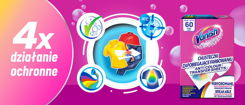Chusteczki do prania VANISH Color Protect 60 prań (30 szt.) główne zalety
