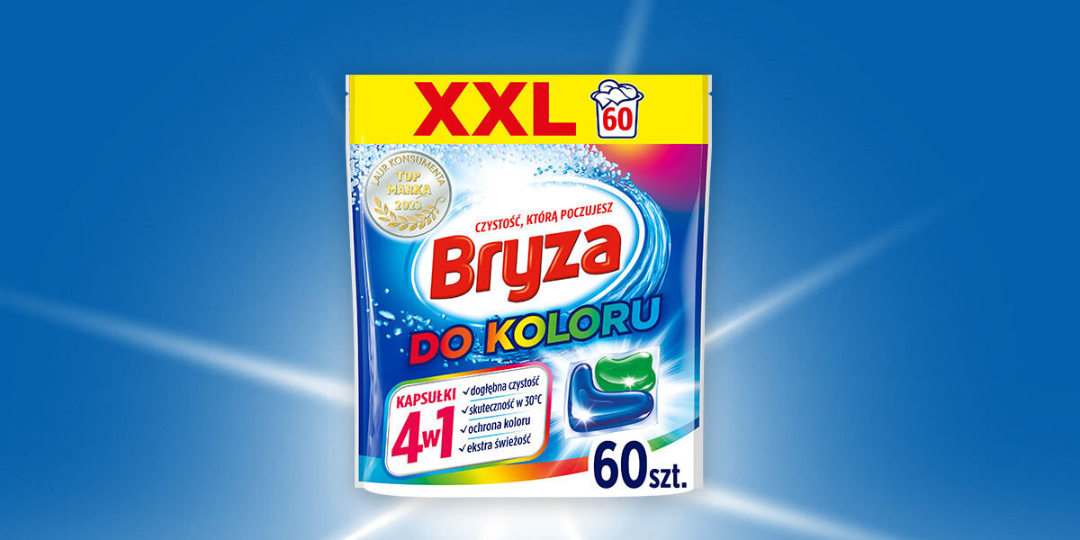 Kapsułki do prania BRYZA 4 w1 Color - 60 szt. na niebiekim tle