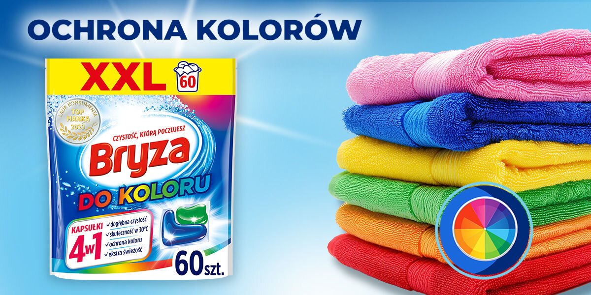 Kapsułki do prania BRYZA 4 w1 Color - 60 szt. opakowanie obok złożonych kolorowych ręczników ochrona kolorów