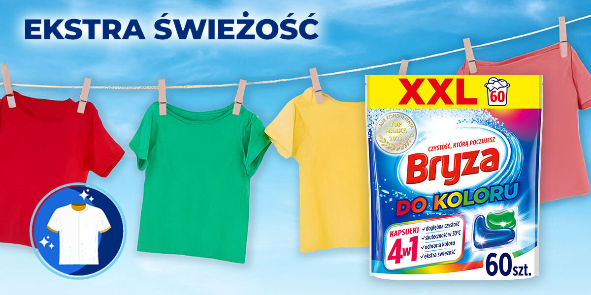 Kapsułki do prania BRYZA 4 w1 Color - 60 szt. ekstra świeżość opakowanie na tle sznura z praniem